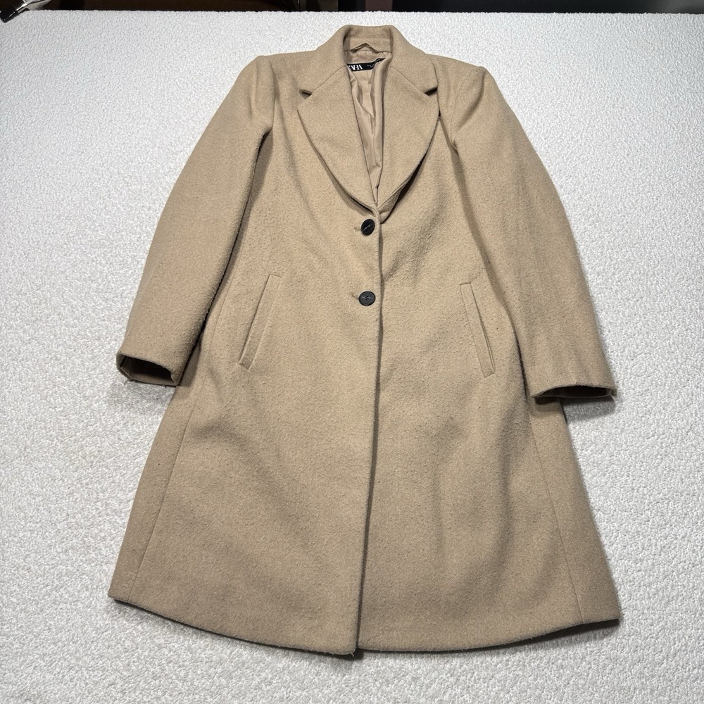 Zara Women's Trench Coat Tan Long 2 Button Single Vent Lined Tweed Size Medium